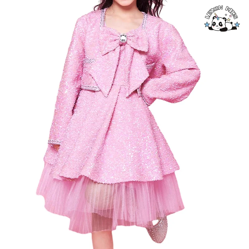 LEZONKIDS - Customized Retro Children Baby pink Girls Dress Light Luxury Style Bow Princess Dress with Jacket
